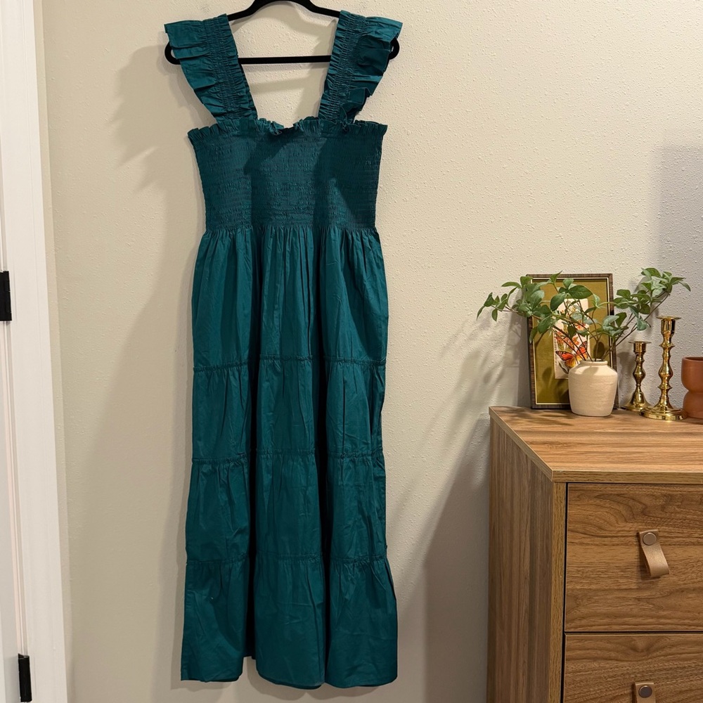 Quince NWT Size XL Garden Green 100% Organic Cotton Smocked Poplin Midi Dress - Picture 3 of 8